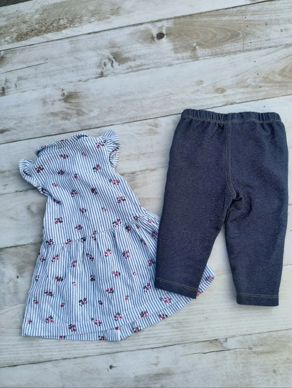 Carter's Baby Girl Floral Stripe Ruffle Button Top With Blue Pants Size 6 Months